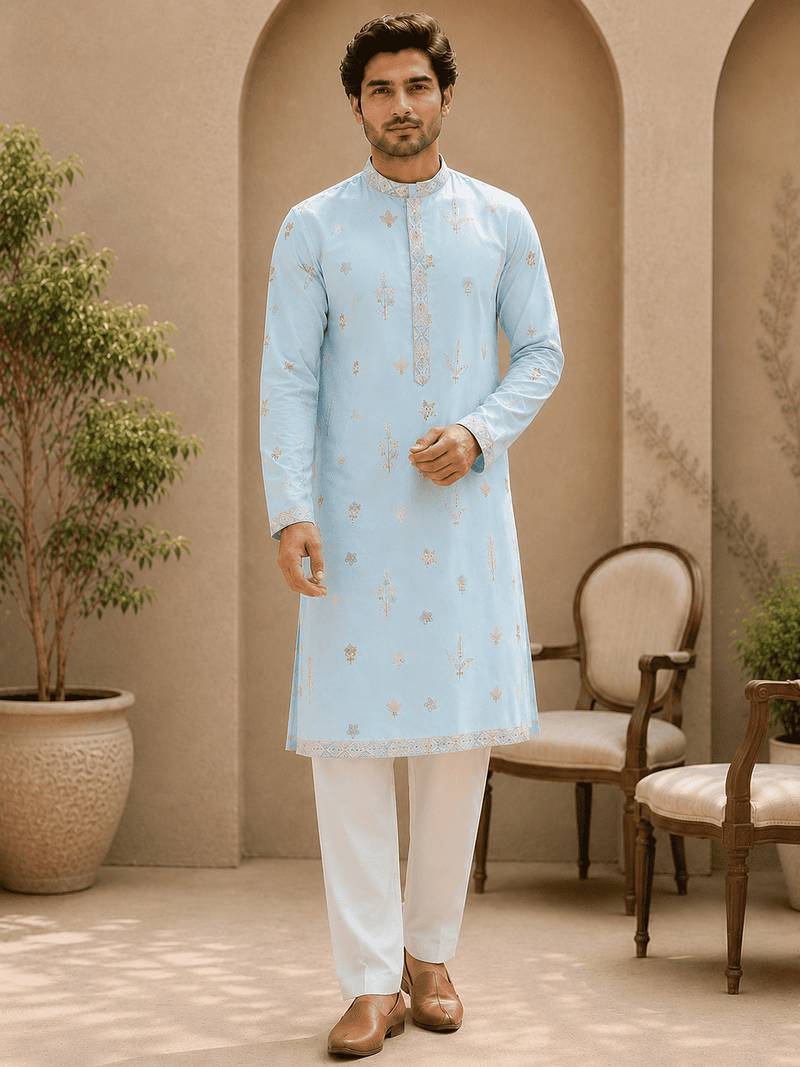 Sky blue embroidered  kurta