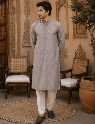 Dusty grey pastel embroidered  kurta 1