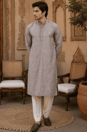 Dusty grey pastel embroidered  kurta