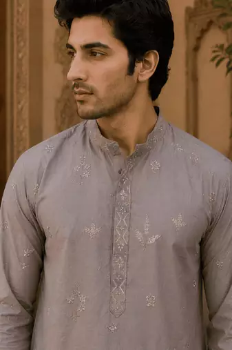 Dusty grey pastel embroidered  kurta