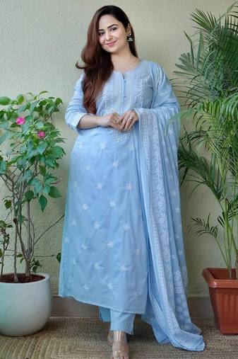 Sky Blue Embroidered Suit Set with Dupatta