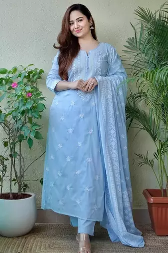 Sky Blue Embroidered Suit Set with Dupatta
