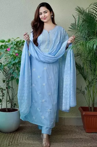 Sky Blue Embroidered Suit Set with Dupatta