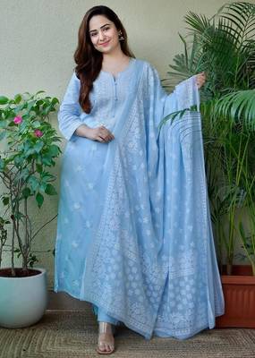 Sky Blue Embroidered Suit Set with Dupatta 3