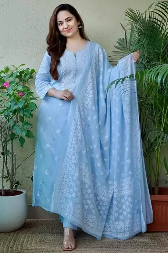 Sky Blue Embroidered Suit Set with Dupatta