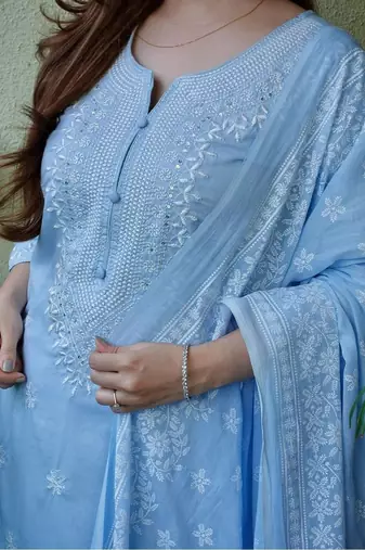 Sky Blue Embroidered Suit Set with Dupatta