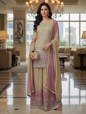 Beige & blush pink embroidered georgette free size stiched kurta palazzo set with dupatta for women 1
