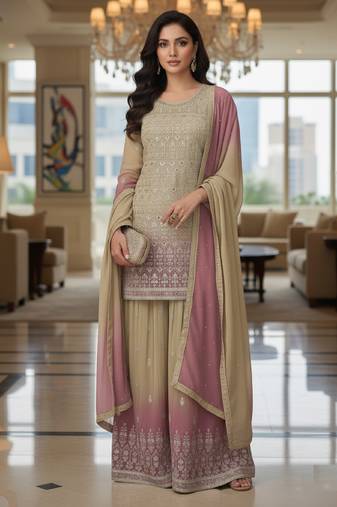 Beige & blush pink embroidered georgette free size stiched kurta palazzo set with dupatta for women