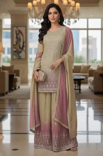 Beige & blush pink embroidered georgette free size stiched kurta palazzo set with dupatta for women