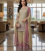 Beige & blush pink embroidered georgette free size stiched kurta palazzo set with dupatta for women