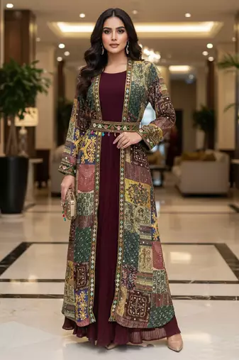 Designer maroon blooming georgette free size stiched top with long printed shrung for women