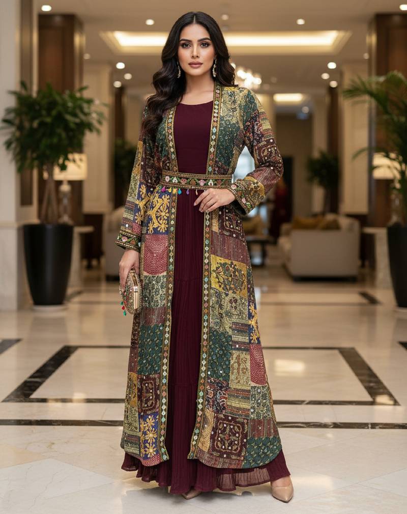 Designer maroon blooming georgette free size stiched top with long printed shrung for women