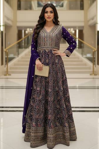 Elegant navy blue heavy georgette anarkali free size stiched kurta with dupatta for women