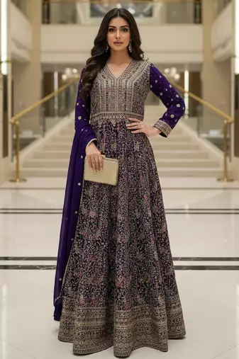 Elegant navy blue heavy georgette anarkali free size stiched kurta with dupatta for women