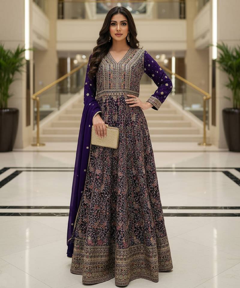 Elegant navy blue heavy georgette anarkali free size stiched kurta with dupatta for women
