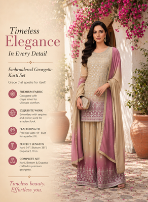 Beige & blush pink embroidered georgette free size stiched kurta palazzo set with dupatta for women 2