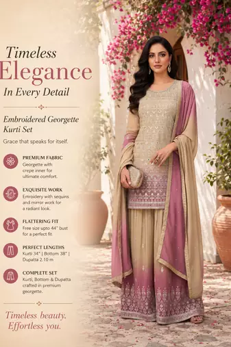 Beige & blush pink embroidered georgette free size stiched kurta palazzo set with dupatta for women