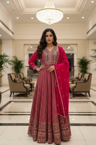 Elegant dark pink heavy georgette anarkali free size stiched kurta with dupatta for women