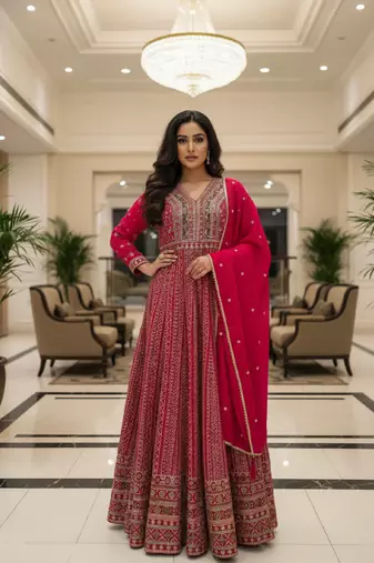 Elegant dark pink heavy georgette anarkali free size stiched kurta with dupatta for women