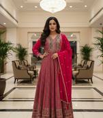 Elegant dark pink heavy georgette anarkali free size stiched kurta with dupatta for women