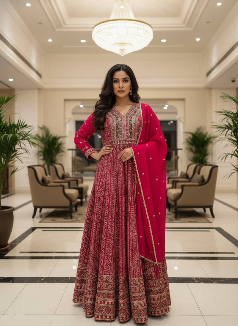 Elegant dark pink heavy georgette anarkali free size stiched kurta with dupatta for women