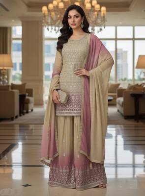 Beige & blush pink embroidered georgette free size stiched kurta palazzo set with dupatta for women 3