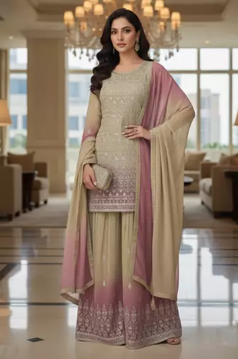 Beige & blush pink embroidered georgette free size stiched kurta palazzo set with dupatta for women