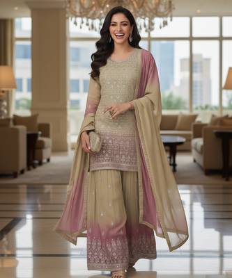 Beige & blush pink embroidered georgette free size stiched kurta palazzo set with dupatta for women 4