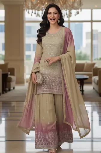 Beige & blush pink embroidered georgette free size stiched kurta palazzo set with dupatta for women