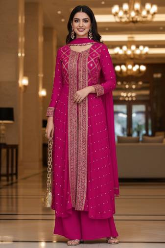 Pink printed flared georgette free size stiched kurta palazzo set with dupatta for women
