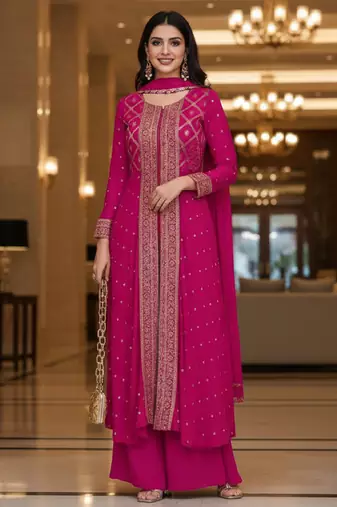 Pink printed flared georgette free size stiched kurta palazzo set with dupatta for women