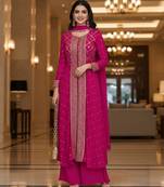 Pink printed flared georgette free size stiched kurta palazzo set with dupatta for women