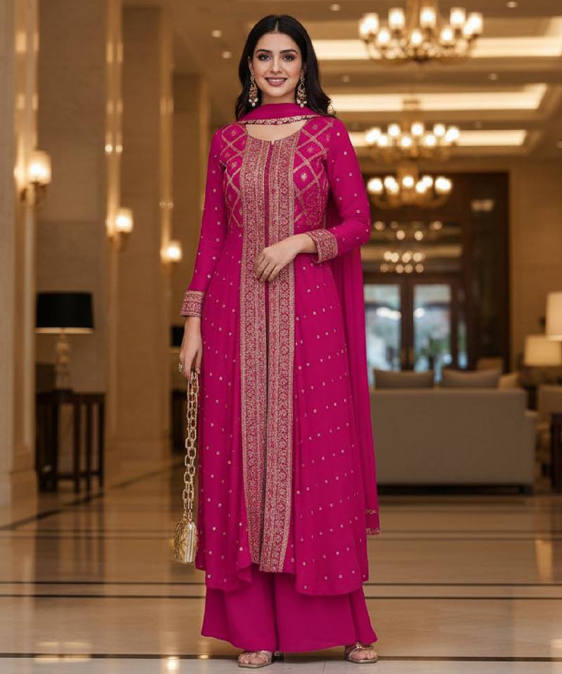 Pink printed flared georgette free size stiched kurta palazzo set with dupatta for women
