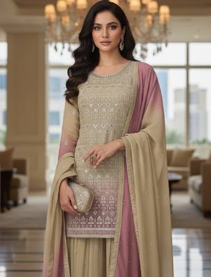 Beige & blush pink embroidered georgette free size stiched kurta palazzo set with dupatta for women 5