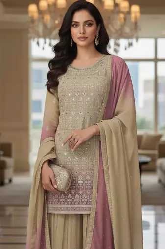 Beige & blush pink embroidered georgette free size stiched kurta palazzo set with dupatta for women