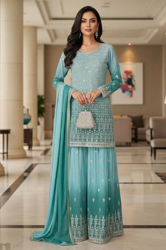 Blue embroidered georgette free size stiched kurta palazzo set with dupatta for women