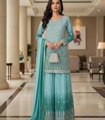 Blue embroidered georgette free size stiched kurta palazzo set with dupatta for women