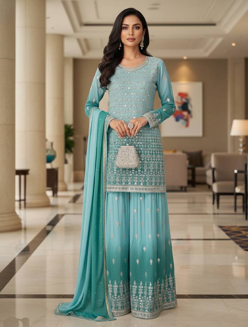 Blue embroidered georgette free size stiched kurta palazzo set with dupatta for women