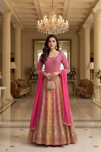Luxury pink embroidered faux georgette anarkali free size stiched kurta set with dupatta for women