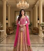 Luxury pink embroidered faux georgette anarkali free size stiched kurta set with dupatta for women