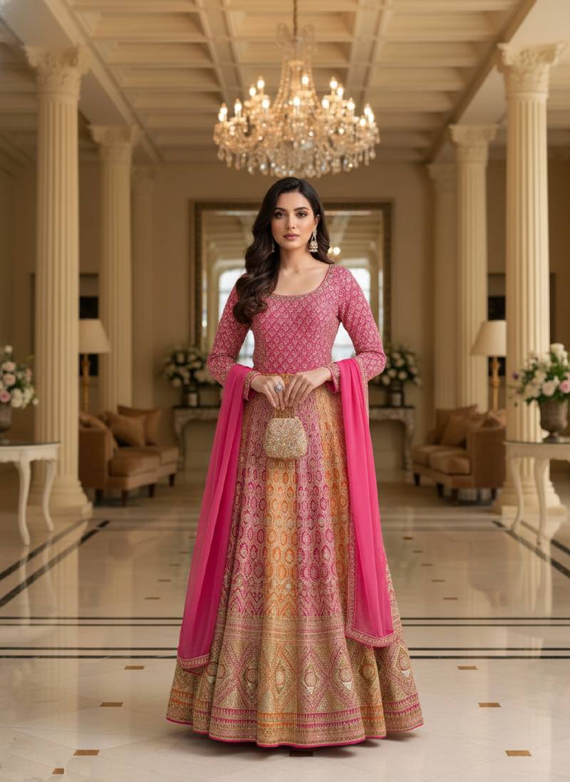 Luxury pink embroidered faux georgette anarkali free size stiched kurta set with dupatta for women