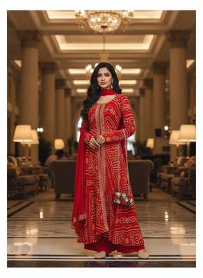 Red printed flared georgette free size stiched kurta palazzo set with dupatta for women 1
