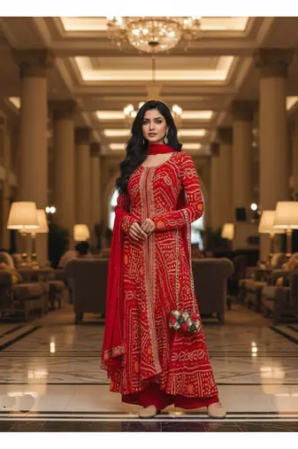 Red printed flared georgette free size stiched kurta palazzo set with dupatta for women