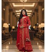Red printed flared georgette free size stiched kurta palazzo set with dupatta for women