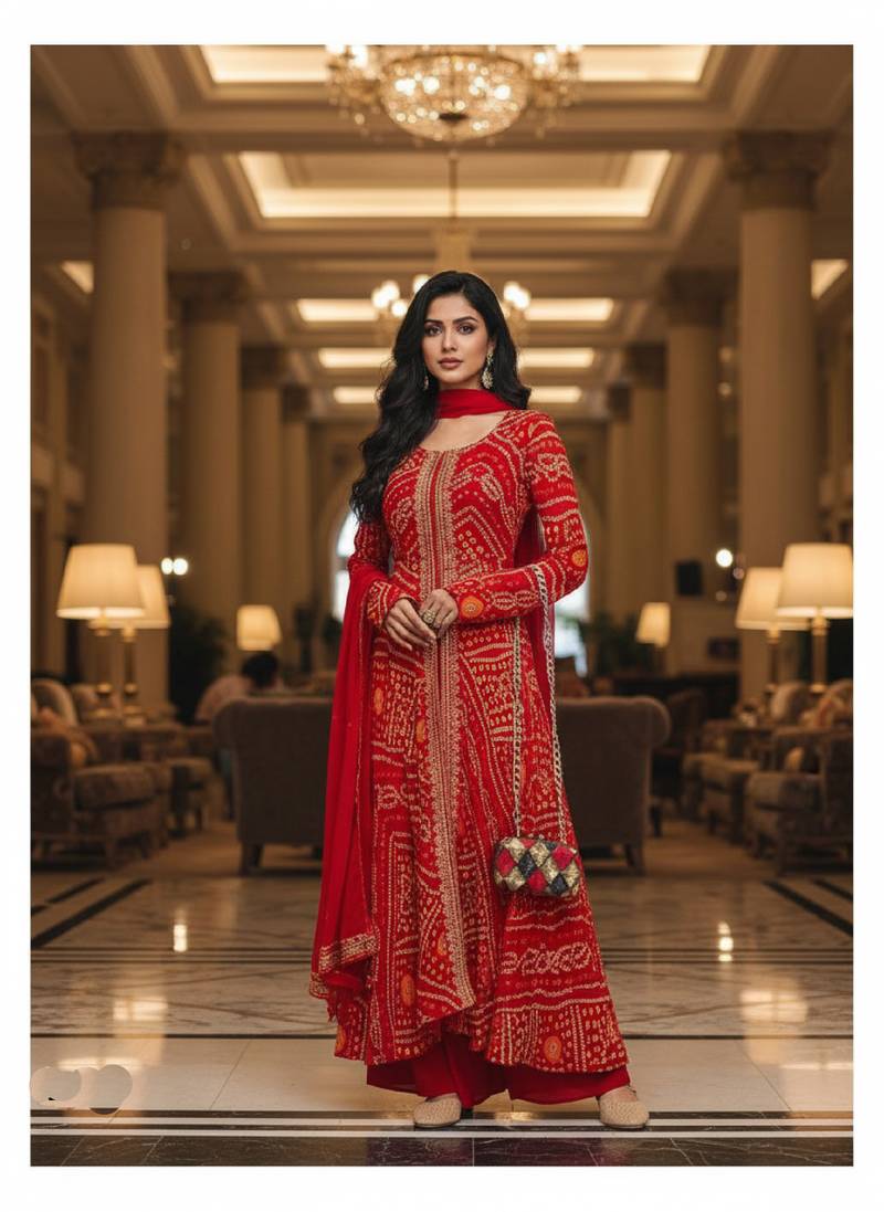 Red printed flared georgette free size stiched kurta palazzo set with dupatta for women