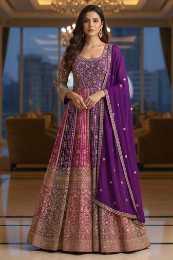 Luxury purple embroidered faux georgette anarkali free size stiched kurta set with dupatta for women