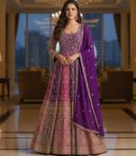 Luxury purple embroidered faux georgette anarkali free size stiched kurta set with dupatta for women
