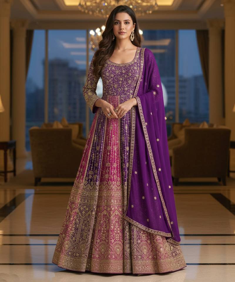 Luxury purple embroidered faux georgette anarkali free size stiched kurta set with dupatta for women