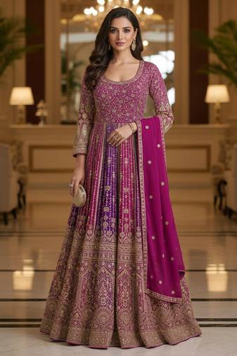 Luxury magenta embroidered faux georgette anarkali free size stiched kurta set with dupatta for women