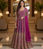Luxury magenta embroidered faux georgette anarkali free size stiched kurta set with dupatta for women